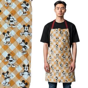 Disney Apron Adult Orange Fall Mickey Mouse Plaid Thanksgiving Holiday Kitchen